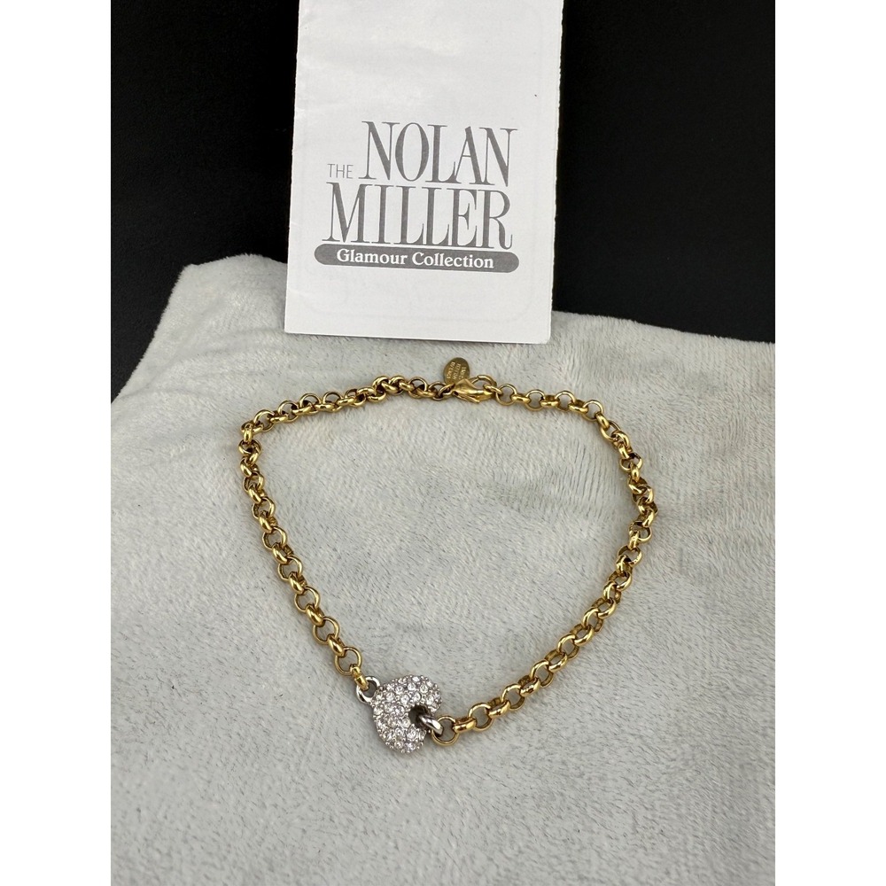 Nolan Miller Heart Rhinestone Bracelet Anklet Gold Tone Signed 9"‎